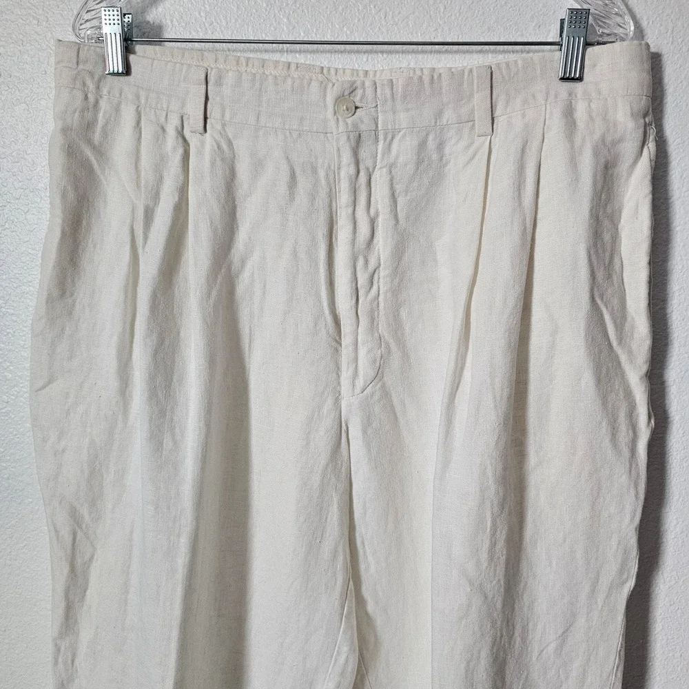 Turnbury Mens 38x32 Pleated Linen Pants Off White Cream Cuffed Straight Leg